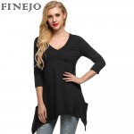 FINEJO Women Elegant Cotton t shirt V Neck 3/4 Sleeve Handkerchief Hem Line Lightweight Knitting Tunic Top T-shirt tees XXL