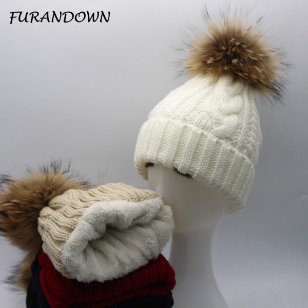 FURANDOWN 2017 New Womens Warm Fleece Inside Beanie Hats Winter Mink Raccoon Fur Pompom Hat Female Cap