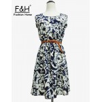 F&H Brand S M L XL XXL 20 Colors Fashion Women New Sleeveless Round Neck Florals Saias Femininas Waistband Print Dress