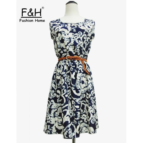 F&H Brand S M L XL XXL 20 Colors Fashion Women New Sleeveless Round Neck Florals Saias Femininas Waistband Print Dress