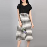 F&JE Plus Size Clothing New 2017 Spring And Summer Fashion Patchwork Striped Comfortable Cotton Linen Women Casual Dresses J135