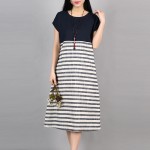 F&JE Plus Size Clothing New 2017 Spring And Summer Fashion Patchwork Striped Comfortable Cotton Linen Women Casual Dresses J135