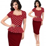 Fantaist 2016 Summer Women Vintage FakeTwo Piece Polka Dot Peplum Office Plus Size Dress Elegant Party Fitted Pencil Work Dress