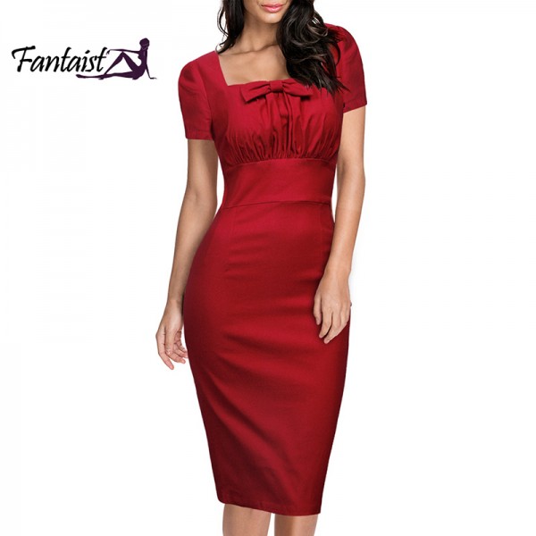 Fantaist Vintage Women Chic Bow Fitted Pencil Dress Tunic Pleated Elegant Party Formal Office Retro Sheath Dresses Summer 2016