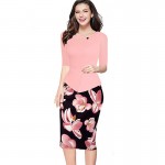 Fantaist Women Keyhole Knee Length Vintage Flower Print  Elegant Wedding Party  Business Bodycon Pencil Peplum Sheath Work Dress