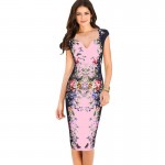 Fantaist Women Summer Vintage Deep V Neck Floral Print Sexy Elegant Cocktail Party Fitted Bodycon Pencil Casual Sheath Dress