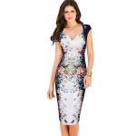 Fantaist Women Summer Vintage Deep V Neck Floral Print Sexy Elegant Cocktail Party Fitted Bodycon Pencil Casual Sheath Dress