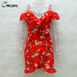 Fashion Beach Dress Women Red Sexy Off Shoulder Ruffles Asymmetrical Vestidos Flowers Print Summer Women Sashes dresses QL2919