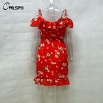 Fashion Beach Dress Women Red Sexy Off Shoulder Ruffles Asymmetrical Vestidos Flowers Print Summer Women Sashes dresses QL2919