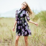 Fashion Dress Summer Spring New  Women's 2017 New Half Lantern Sleeve Purple Flowers Printed Emrboidery A-line Dress