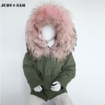 Fashion Kids Parka Army Green Jacket Warm Winter Real Raccoon Fur Hood Faux Fur Lined 100% Cotton Coat Long Sleeves