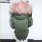 Fashion Kids Parka Army Green Jacket Warm Winter Real Raccoon Fur Hood Faux Fur Lined 100% Cotton Coat Long Sleeves