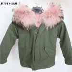 Fashion Kids Parka Army Green Jacket Warm Winter Real Raccoon Fur Hood Faux Fur Lined 100% Cotton Coat Long Sleeves