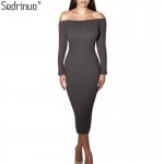 Fashion Long Sleeve Off Shoulder Slash Neck Sexy Club Women Dress Slim Bodycon Knitted Sweater Knee-Length Party Night Dresses