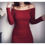 Fashion Long Sleeve Off Shoulder Slash Neck Sexy Club Women Dress Slim Bodycon Knitted Sweater Knee-Length Party Night Dresses