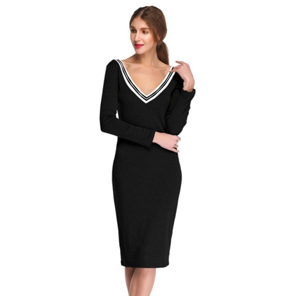 Fashion Long Sleeve V-neck Dress Sexy Stretch Bodycon Dress vestidos femininos