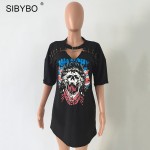 Fashion Skull Printed T-Shirt Women Casual Choker V Neck Short Sleeve T Shirt Dress 2017 Summer Hollow Out Women Shirts Tops