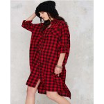 Fashion Split  Plaid Shirt Dress Long Sleeve Women Cotton Long Shirtdress for Autumn D0023