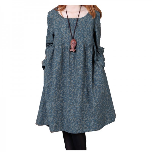 Fashion Spring And Autumn Women Cotton Dress Plus Size Long Sleeve Loose Casual O-neck Knee-Length One-piece Dress Vestidos