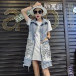 Fashion Spring and Autumn Sequins Large Pockets Vest Women Long Vintage Denim Vest With Holes in Back Sleeveless Colete 1673