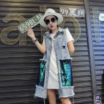 Fashion Spring and Autumn Sequins Large Pockets Vest Women Long Vintage Denim Vest With Holes in Back Sleeveless Colete 1673