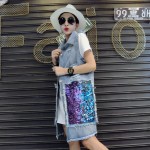 Fashion Spring and Autumn Sequins Large Pockets Vest Women Long Vintage Denim Vest With Holes in Back Sleeveless Colete 1673