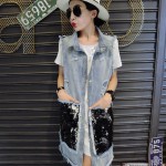 Fashion Spring and Autumn Sequins Large Pockets Vest Women Long Vintage Denim Vest With Holes in Back Sleeveless Colete 1673