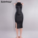 Fashion Women Bandage Club Dress Ladies PU Leather Dress Sleeveless Sexy Party Bodycon backless Clubwear Midi Dress Black 2017