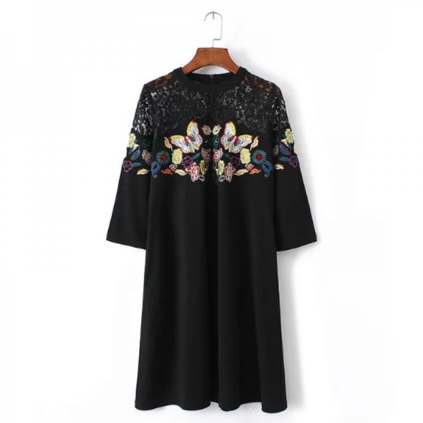 Fashion Women Flower embroidery Perspective Lace stitching Elastic Mini Dresses Casual Loose sexy Dress Womens Clothing D833