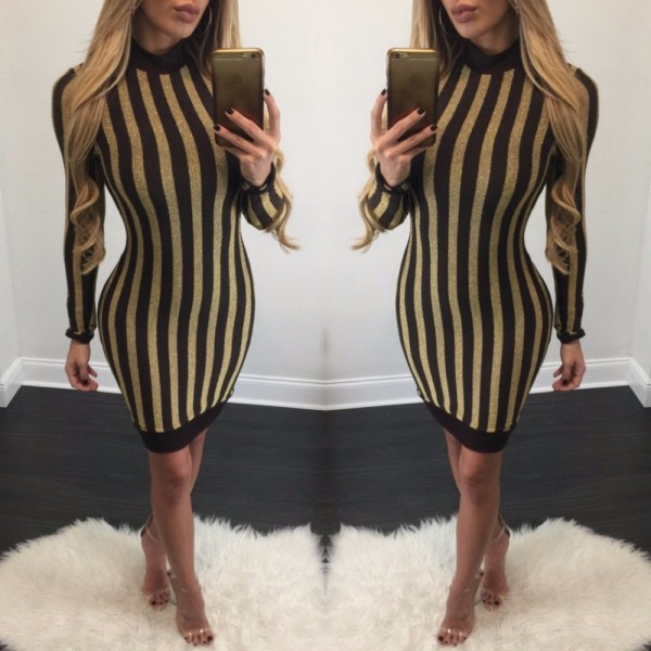 Fashion autumn dress 2016 new women Bronzing striped long sleeve o-neck slim hip sexy party club wear bandage dress