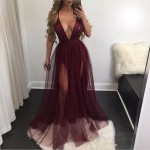 Fashion women dress 2016 new autumn Red wine sleeveless deep v backless mesh Stitching sequins sexy Birthday Party maxi dress