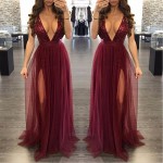 Fashion women dress 2016 new autumn Red wine sleeveless deep v backless mesh Stitching sequins sexy Birthday Party maxi dress