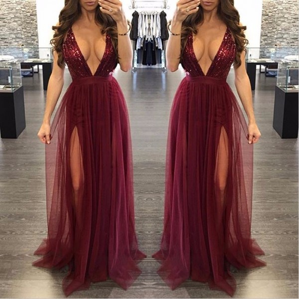 Fashion women dress 2016 new autumn Red wine sleeveless deep v backless mesh Stitching sequins sexy Birthday Party maxi dress