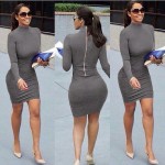 Fashion women dress 2017 new arrival autumn Red wine gray black long sleeve turtleneck sheath hip zippers casual bandage dress