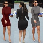 Fashion women dress 2017 new arrival autumn Red wine gray black long sleeve turtleneck sheath hip zippers casual bandage dress