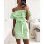 Fashion women slash neck off the shoulder ruffles Dresses striped print summer spring vestidos mini party dress