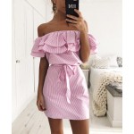 Fashion women slash neck off the shoulder ruffles Dresses striped print summer spring vestidos mini party dress