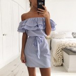 Fashion women slash neck off the shoulder ruffles Dresses striped print summer spring vestidos mini party dress