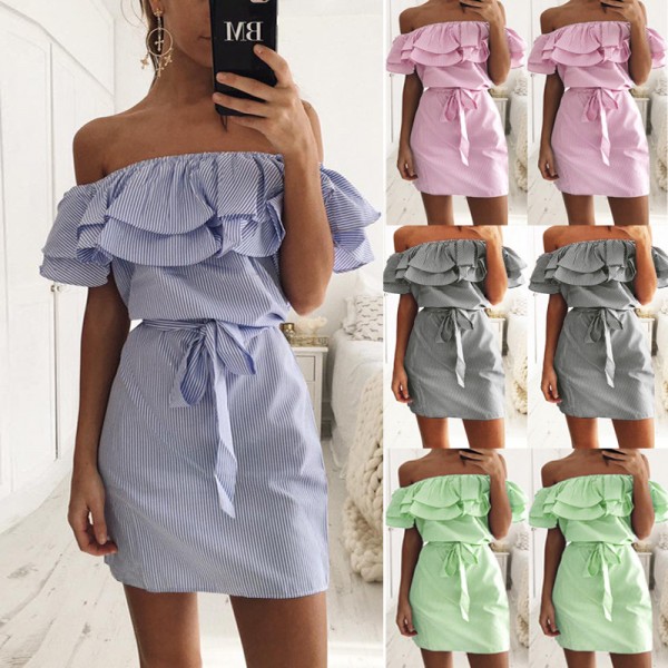 Fashion women slash neck off the shoulder ruffles Dresses striped print summer spring vestidos mini party dress