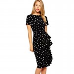 Fashionable Womens Elegant Polka Dot Stretchy Cotton Ruffles Sheath Bodycon Knee-length Casual Pencil Dress Plus Size 4XL