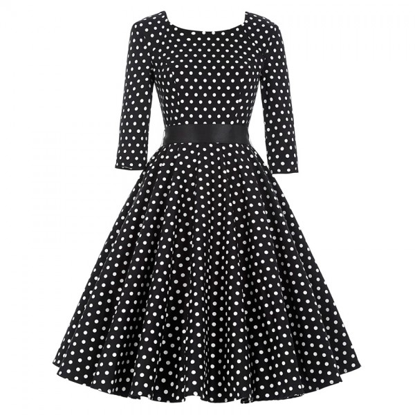 Female 3/4 Or Full Sleeve Summer Dress Autumn Spring Women Elegant Vintage Rockabilly Polka Dot Print Swing Party Dresses 2016