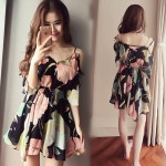 Fitaylor 2018 summer new Best Sellers Off Shoulder Chiffon Flower print dress woman slim V-neck Elastic waist mini dress woman