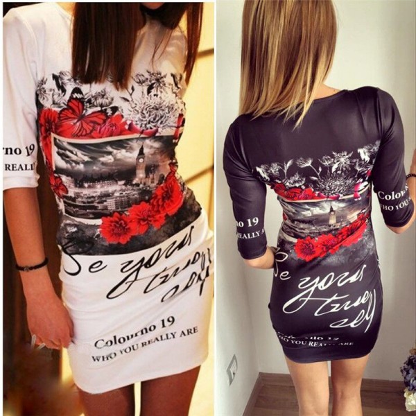 Floral Print Bodycon Dress Women Party Dress O-Neck half Sleeve knitting Tight Fashion Casual Dress Robe 2016 Summer Dress