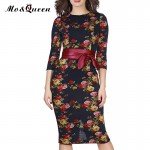 Floral Vintage Autumn Dress Women 2017 New Fashion Elegant Bow Belt Bodycon Sheath Dresses Women European Women Vestido Clothing