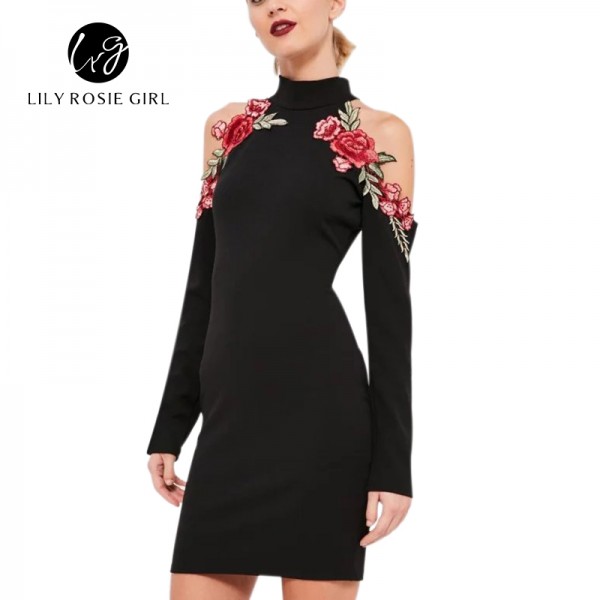 Flower Embroidery Black Bodycon Dress Christmas Elegant Off Shoulder Short Dress Autumn Winter Halter Women Dress Vestidos