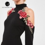 Flower Embroidery Black Bodycon Dress Christmas Elegant Off Shoulder Short Dress Autumn Winter Halter Women Dress Vestidos