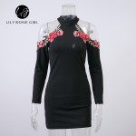 Flower Embroidery Black Bodycon Dress Christmas Elegant Off Shoulder Short Dress Autumn Winter Halter Women Dress Vestidos