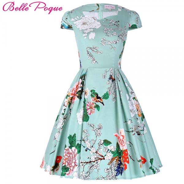 Flower Summer Women Dress Vintage Cap Sleeve Floral 1950s Flare A-Line Party Jurken Audrey Hepburn 50s 60s Vintage Dress 2017