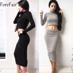 ForeFair Black Grey Khaki 2 Piece Set Sexy Bodycon Party Dresses Velvet Autumn Winter Warm Turtleneck Long Sleeve Women Dress