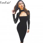 ForeFair Turtleneck Patchwork Elegant Bodycon Club Party Dresses Women Slim Black White Midi Lace Sexy Dress